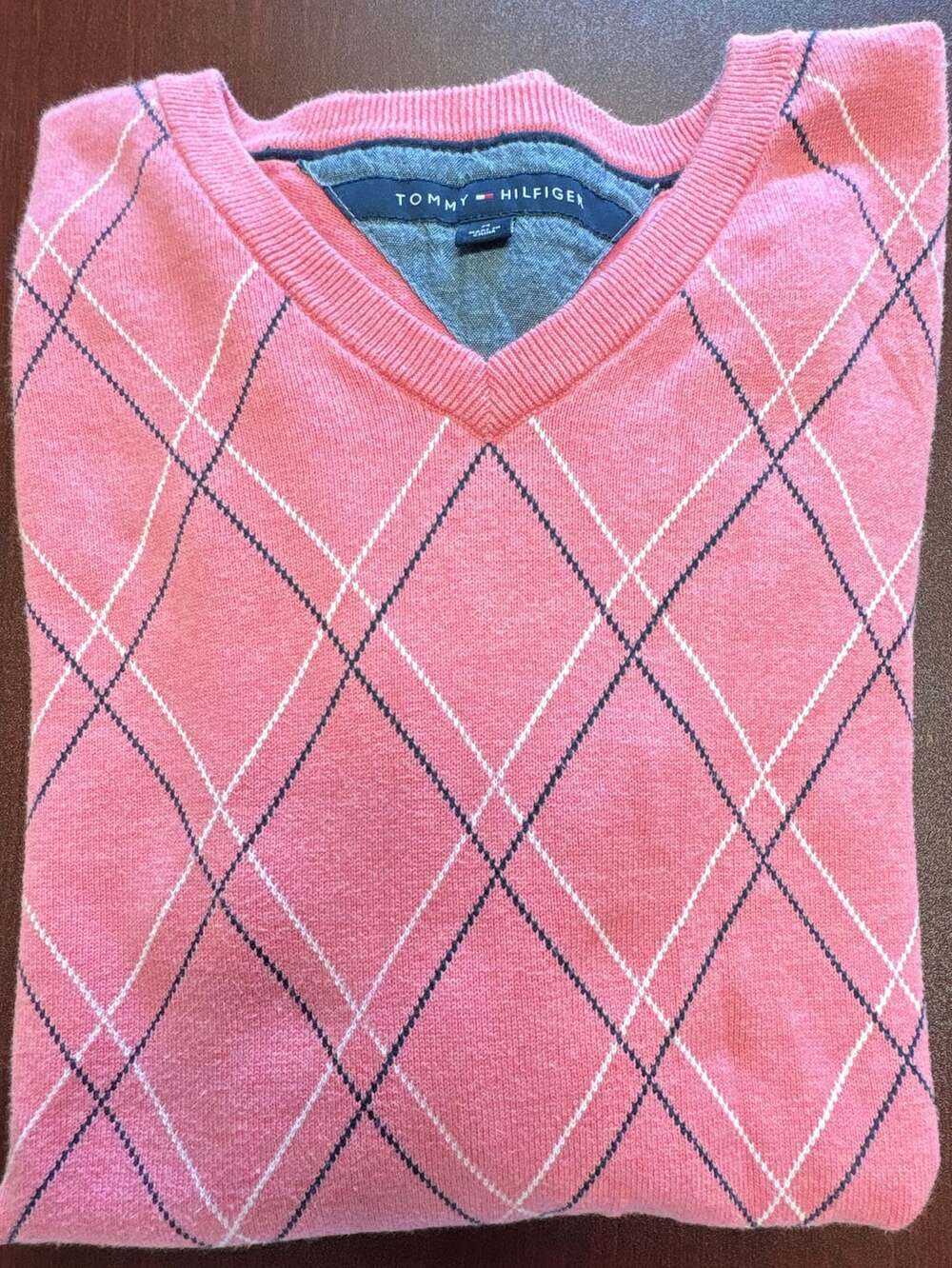 Tommy Hilfiger Preppy Argyle V Neck Sweater Size M Pink Cotton Pullover
